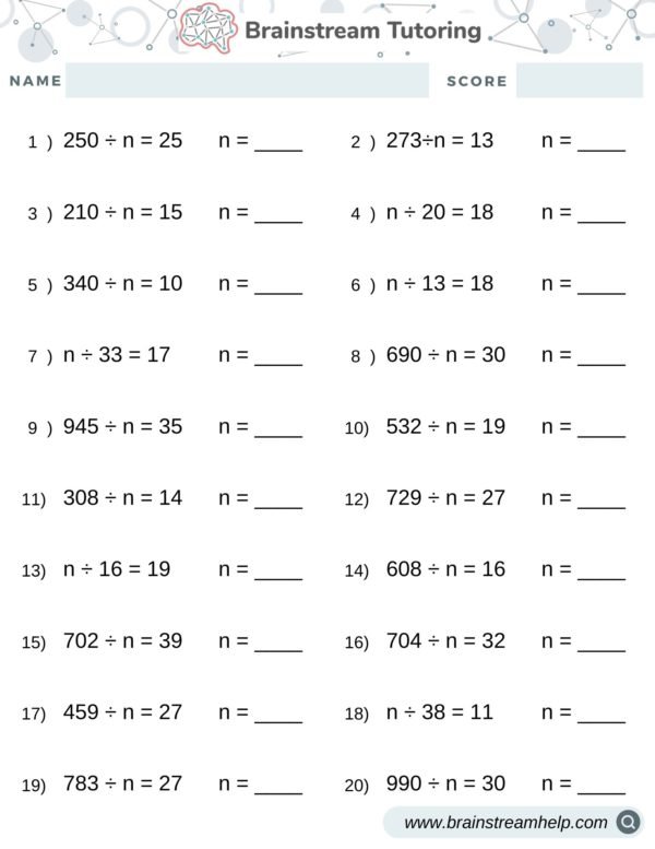 Division with Missing Numbers Worksheet - Brainstreamhelp