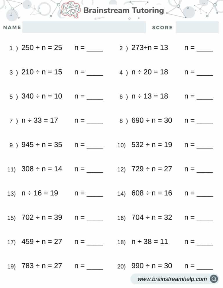 Division with Missing Numbers Worksheet - Brainstreamhelp