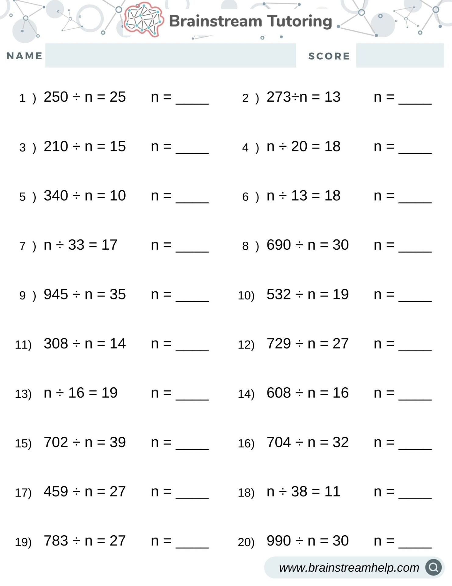 Division with Missing Numbers Worksheet - Brainstreamhelp