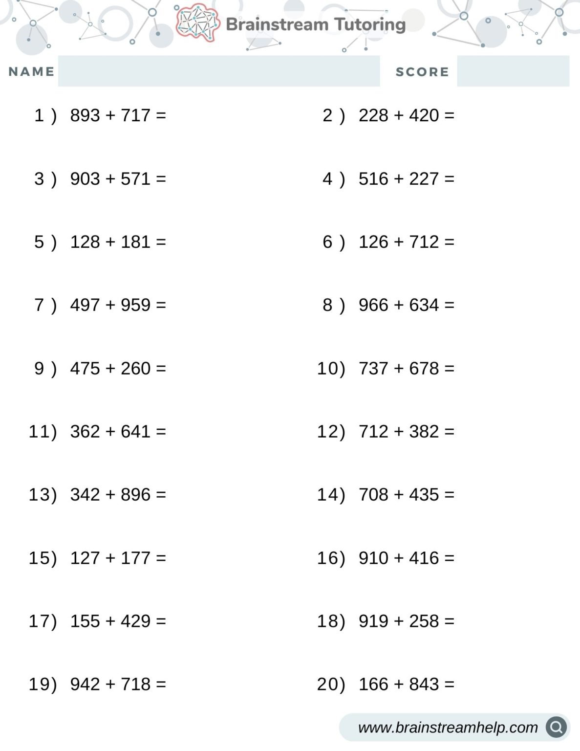 Horizontal Number Addition 3-digits Printable Worksheet - Brainstreamhelp