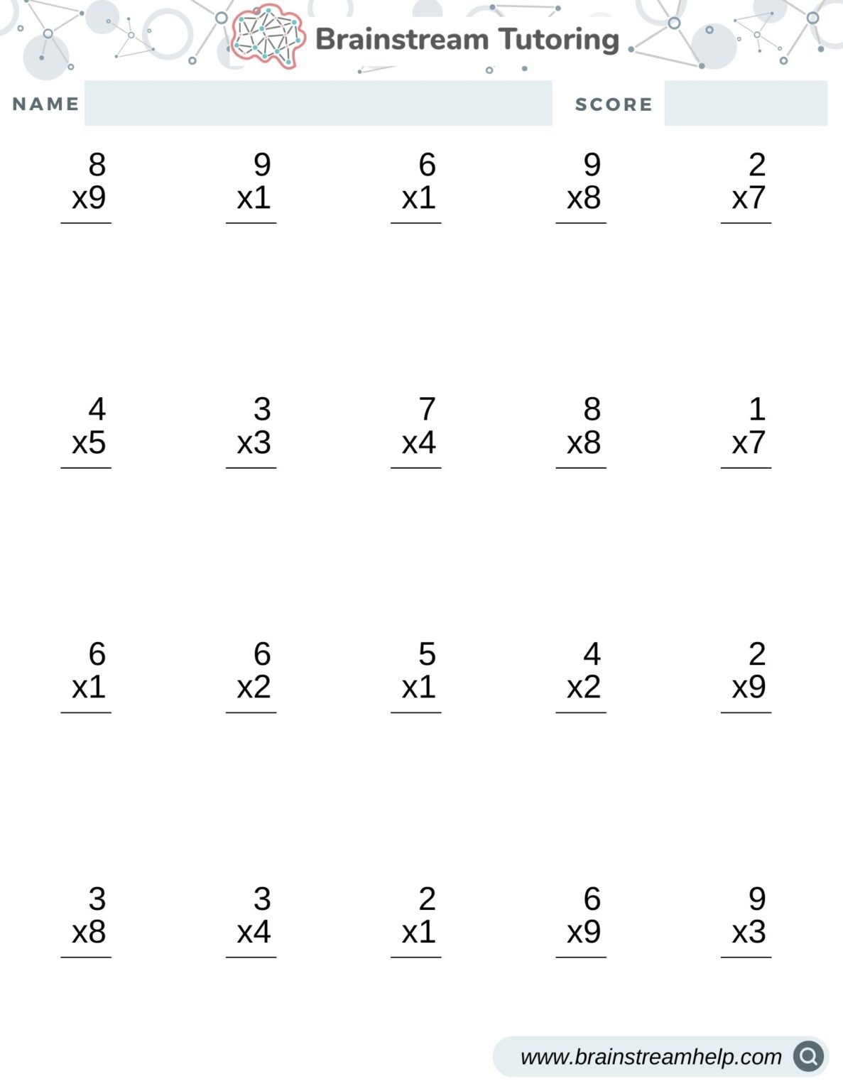 Multiplication 1-9 Printable Worksheet - Brainstreamhelp