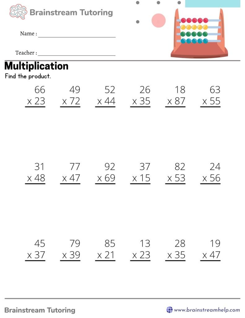 Multiplication of two 2-digit numbers with answers - Brainstreamhelp