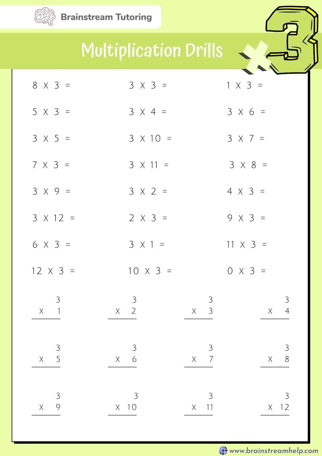 Multiplication Drill - Three Times Table - Brainstreamhelp