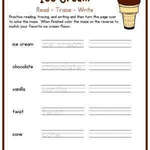 Ice Cream Read, Write, Trace, and Maze Worksheet