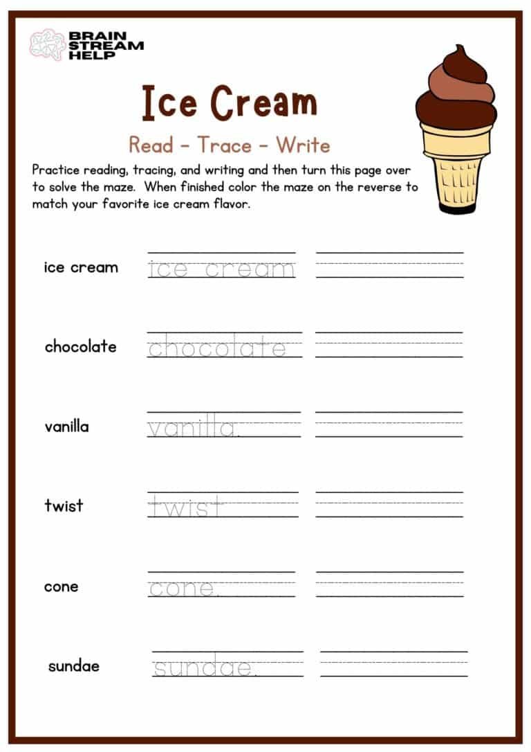 MATH WORKSHEET - Ice Cream Read, Write, Trace, and Maze Worksheet ...