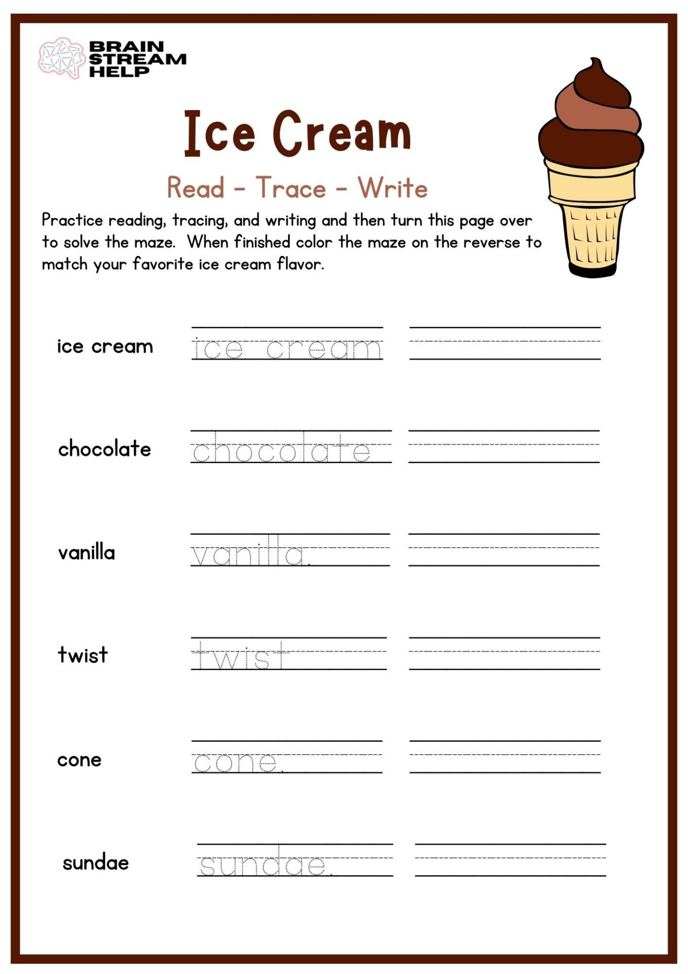 Ice Cream Read, Write, Trace, and Maze Worksheet