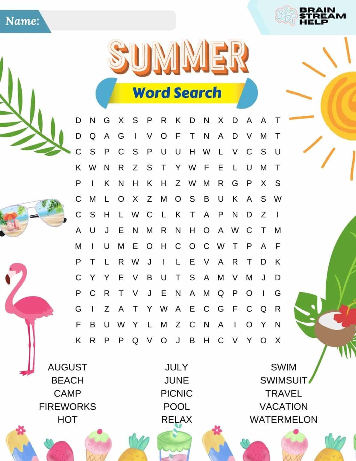 Summer Word Search - Brainstreamhelp