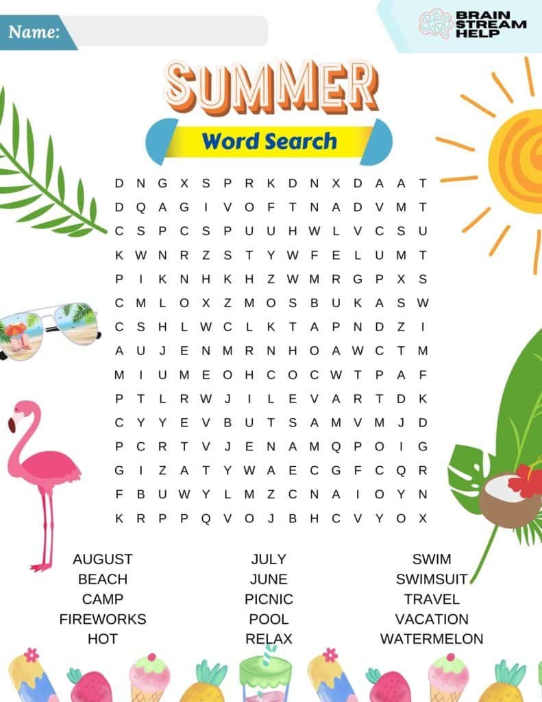 Summer Word Search - Brainstreamhelp